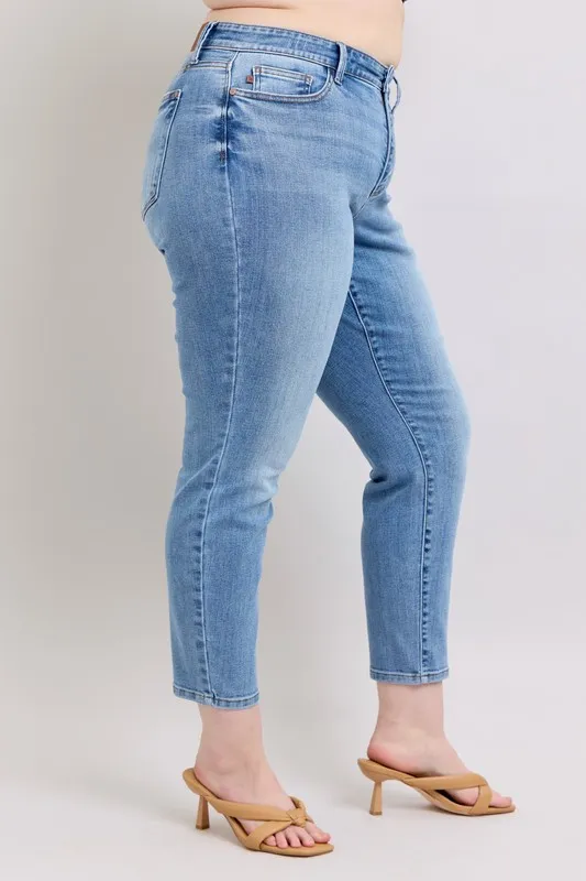 Blue Full Size Mid Rise Vintage Wash Slim Jeans with Cell Phone Pocket Plus Size