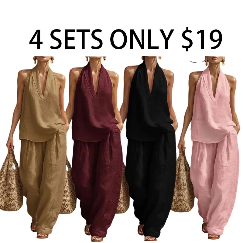 Boho Halter Neck Two Piece Set-Sleeveless Top Wide Leg Pants Set