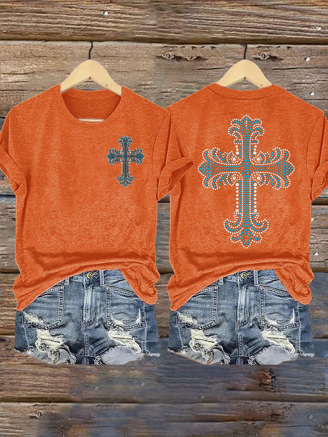 Women's Western Cross Printed Casual T-shirt