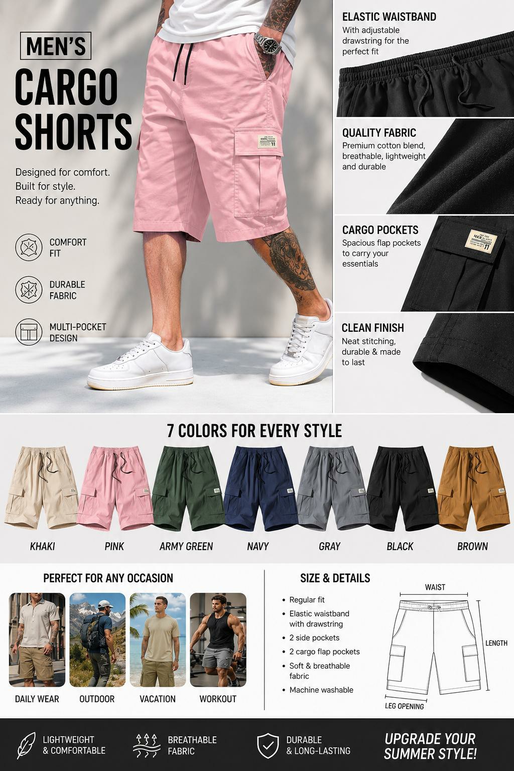 Men's 7-Pack Fitted Cargo Shorts – Elastic Drawstring, Slanted Multi-Pocket, Lightweight Summer Bottoms