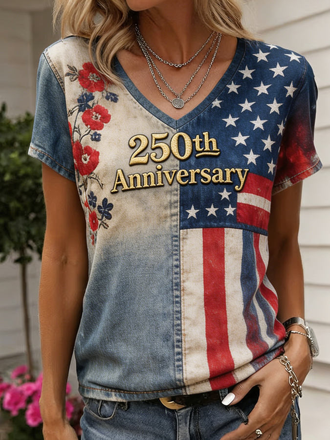 Women's 250th Anniversary Floral Embroidered American Flag V-Neck T-Shirt