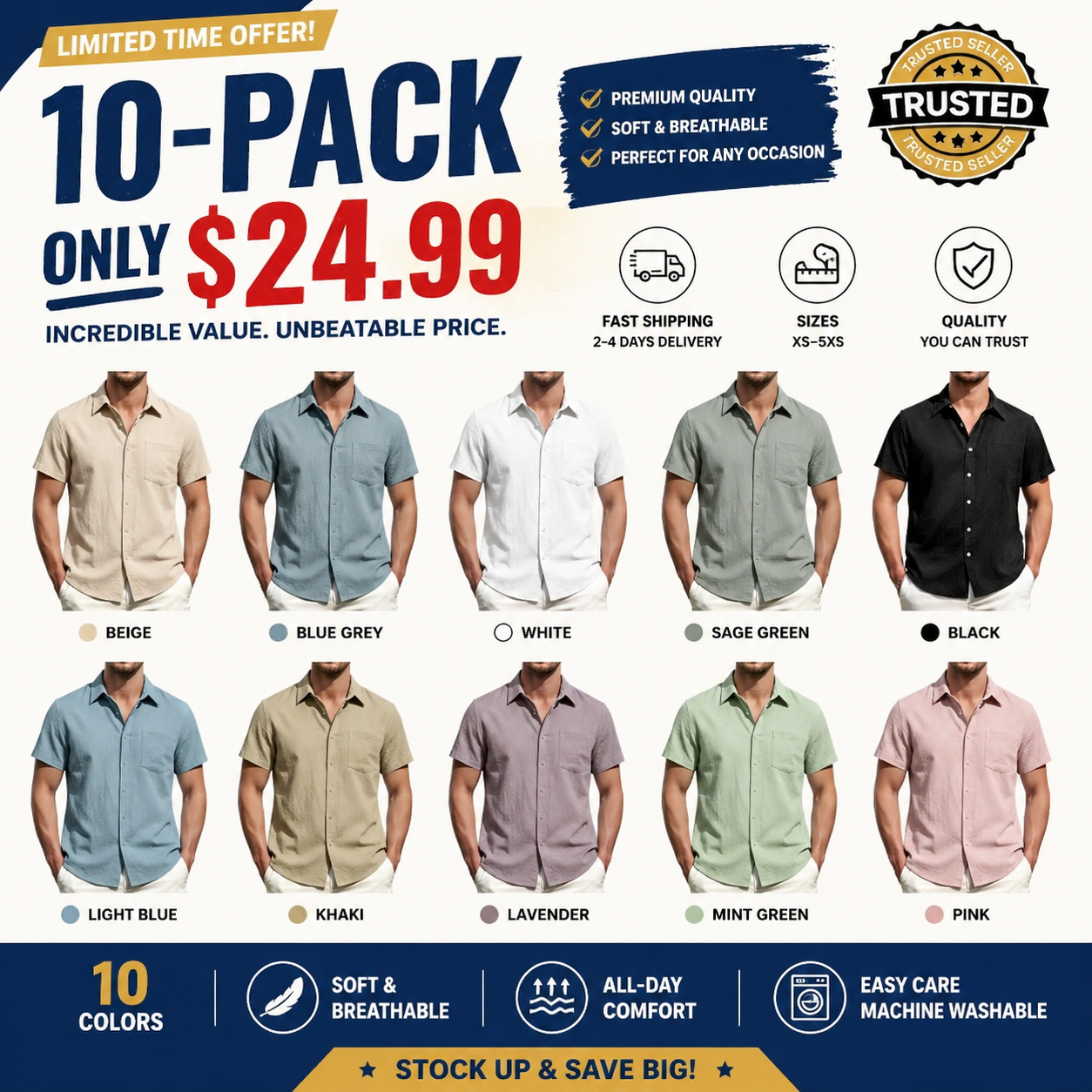 Men's Linen Short-Sleeve Shirts (Pack of 10) — Dress Shirts with Pockets