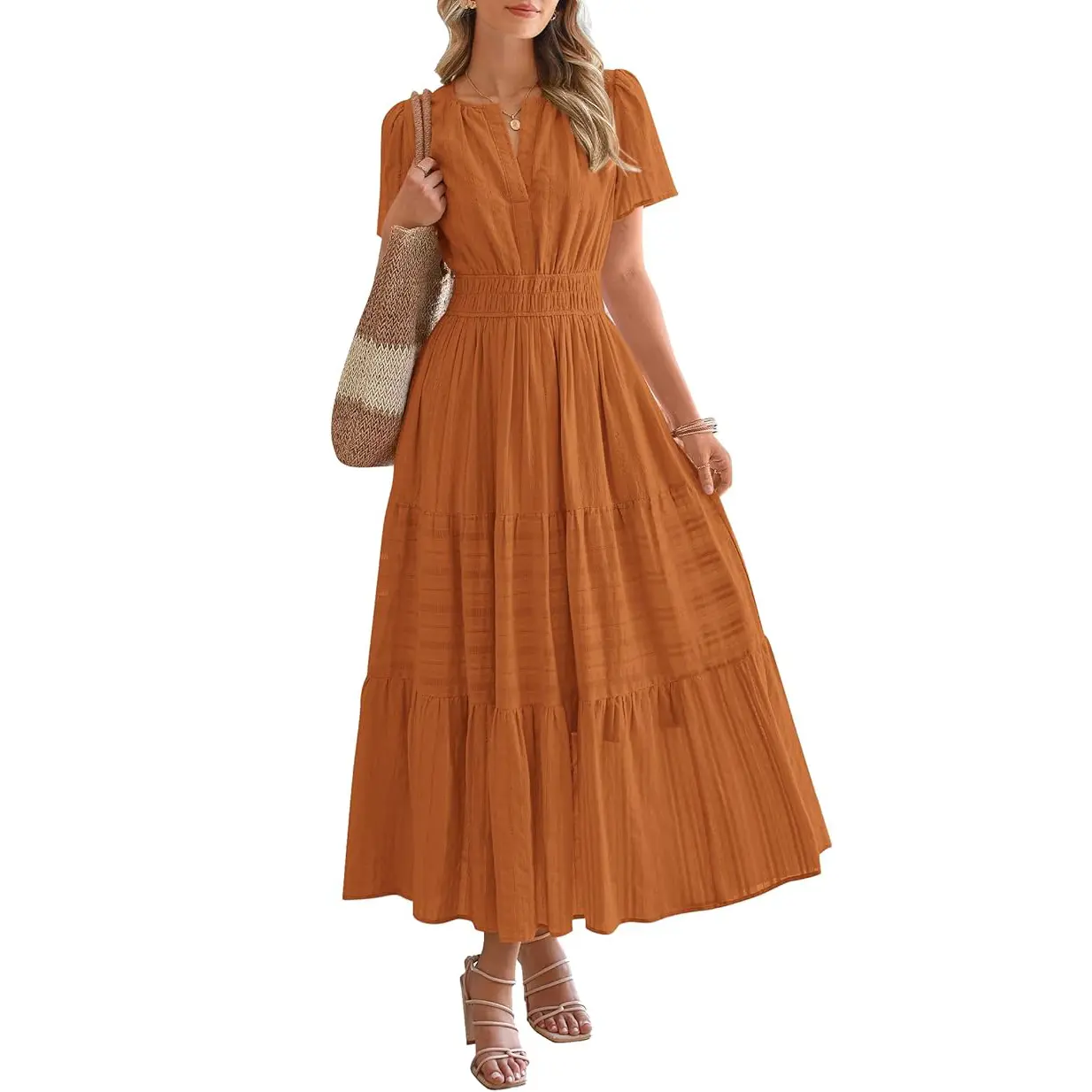 Women's Casual V-Neck Boho Maxi Dress with Pockets