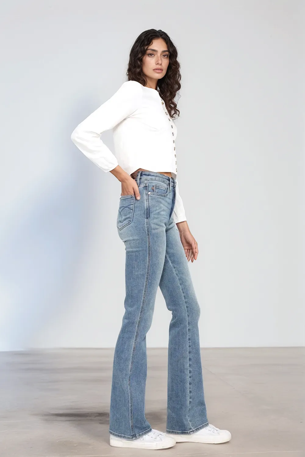 Blue Full Size Tummy Control Back Embroidered Pocketed Bootcut Jeans Plus Size