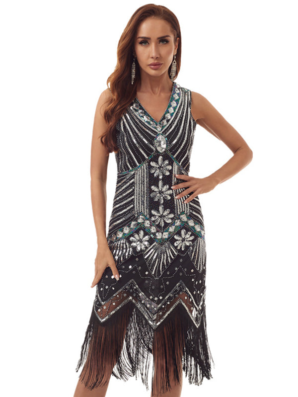 Evening H-Line Beads Sequined Tasseled Midi Dresses
