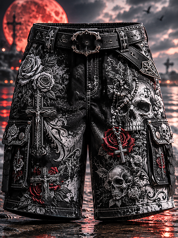 Men's Gothic Skull Red Rose Cross Art Print Casual Shorts