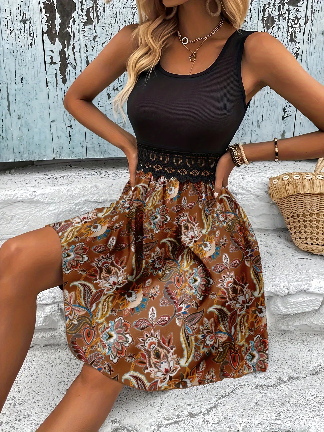 Printed A-Line Tank Dress With Lace Waist Detail