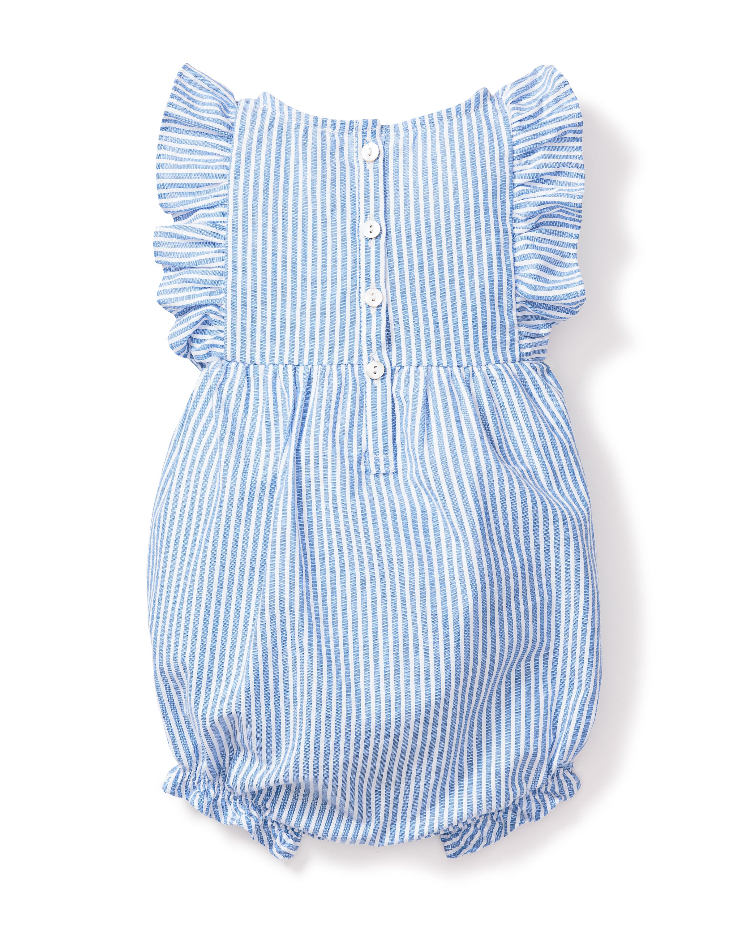 Baby's Twill Ruffled Romper in French Blue Heritage Stripe