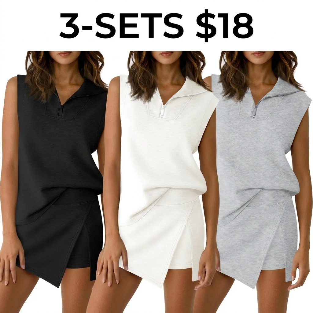 [HOT] Womens 2 Piece Skirt Sets Summer Sleeveless Half Zip Sweatshirt Athletic Skorts Tennis Outfits Casual Sweatsuits