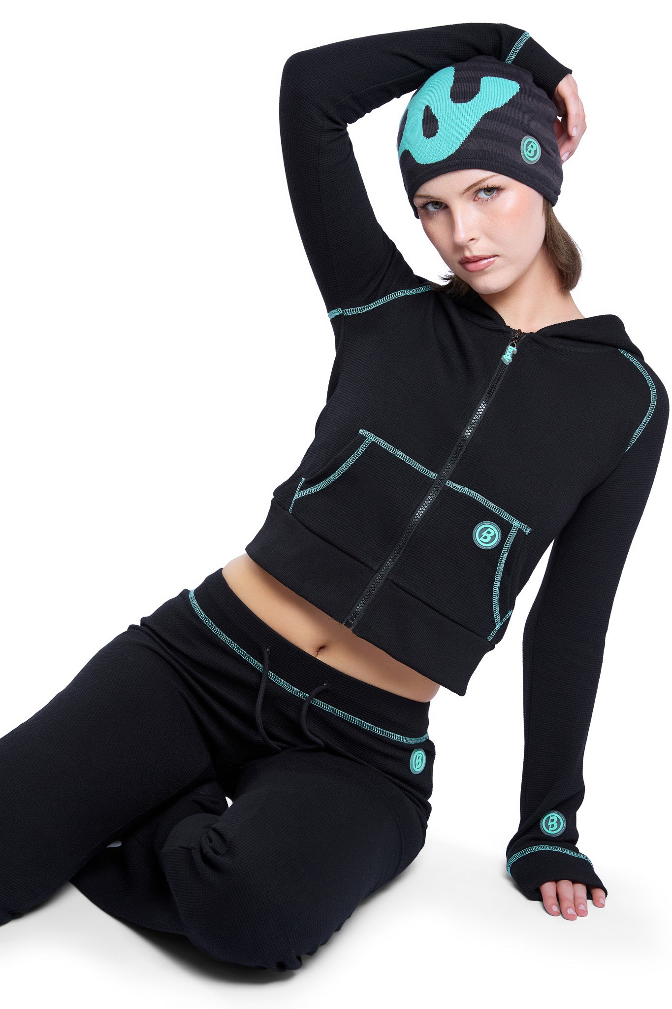 WAFFLE KNIT BOOT CUT PANTS (BLACK/TIFFANY BLUE)
