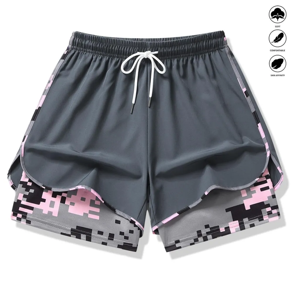 Women’s casual athletic shorts with built-in liner, drawstring, elastic waistband—suitable for outdoor sports, fitness