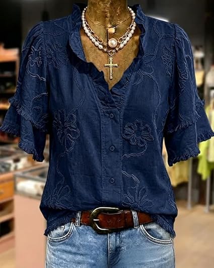 Women's Puff Sleeve Fringed Hem Blouse V Neck Button Regular Fit Casual Solid Spring Summer Top