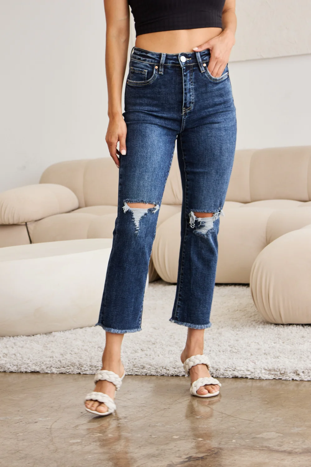 Crop Full Size Tummy Control Distressed High Waist Raw Hem Jeans