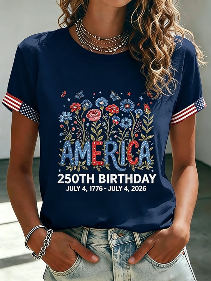 Women's 250 Years Of Freedom Flower Art Print  T-shirt