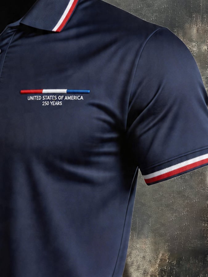 Men's Retro Patriotic Color-Block Short-Sleeve Polo Shirt