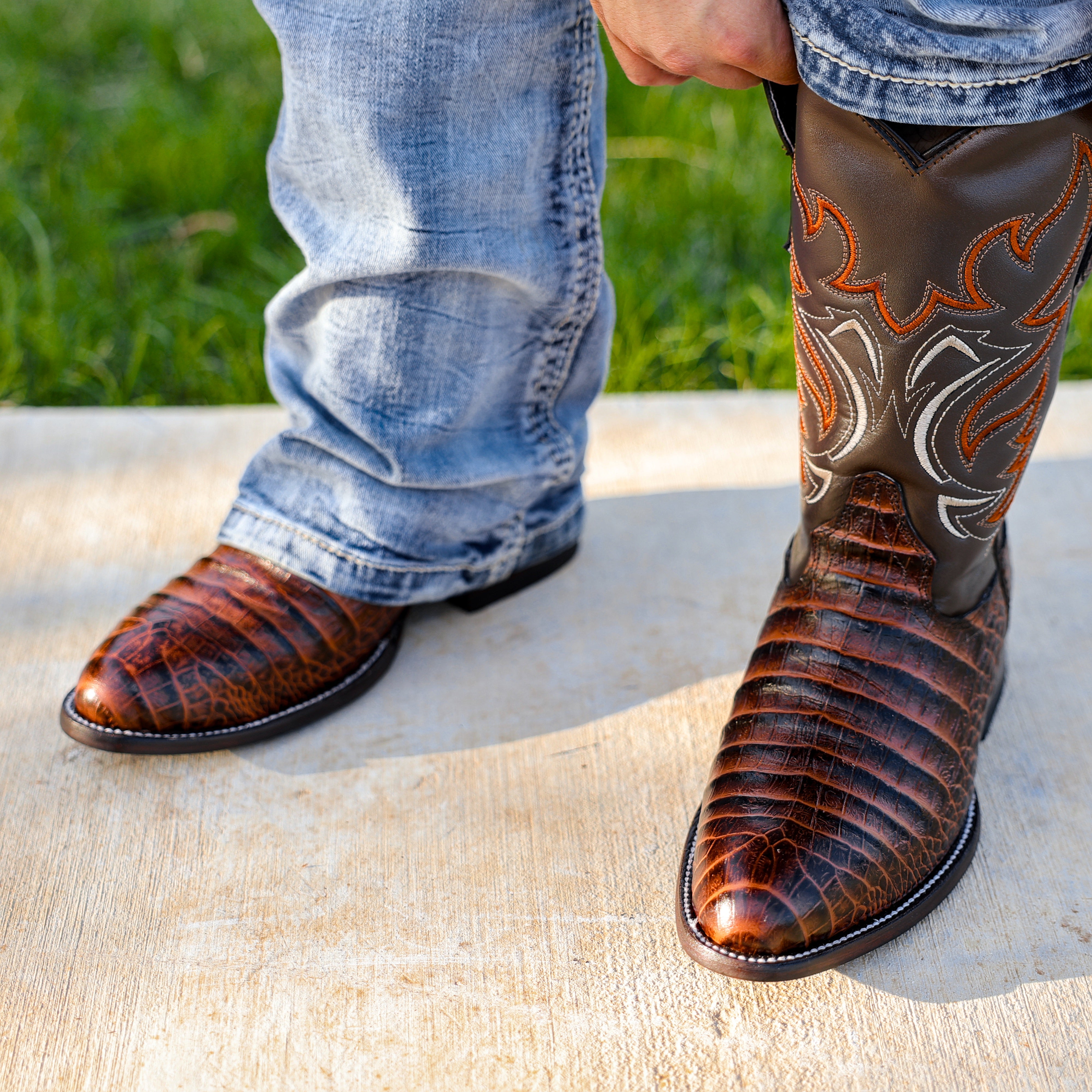 Cognac Caiman Belly Leather Boots - Round Toe