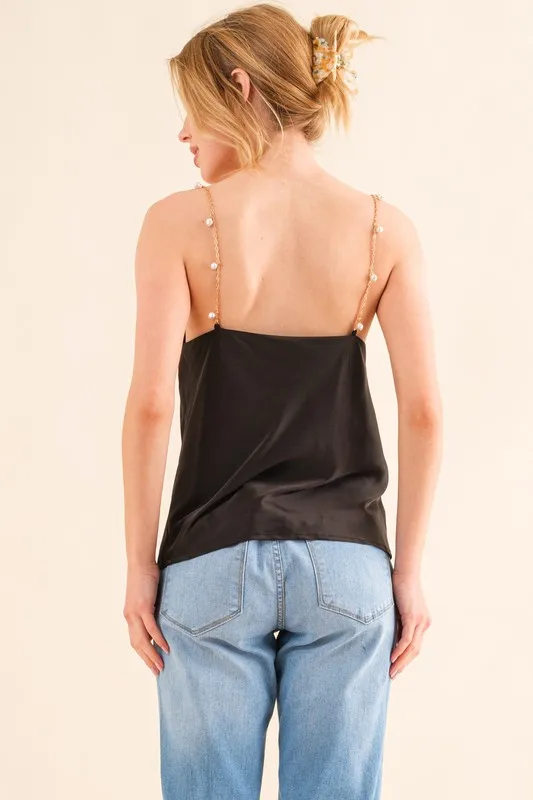Faux Pearl Gold Chain Satin Casual Cami Top