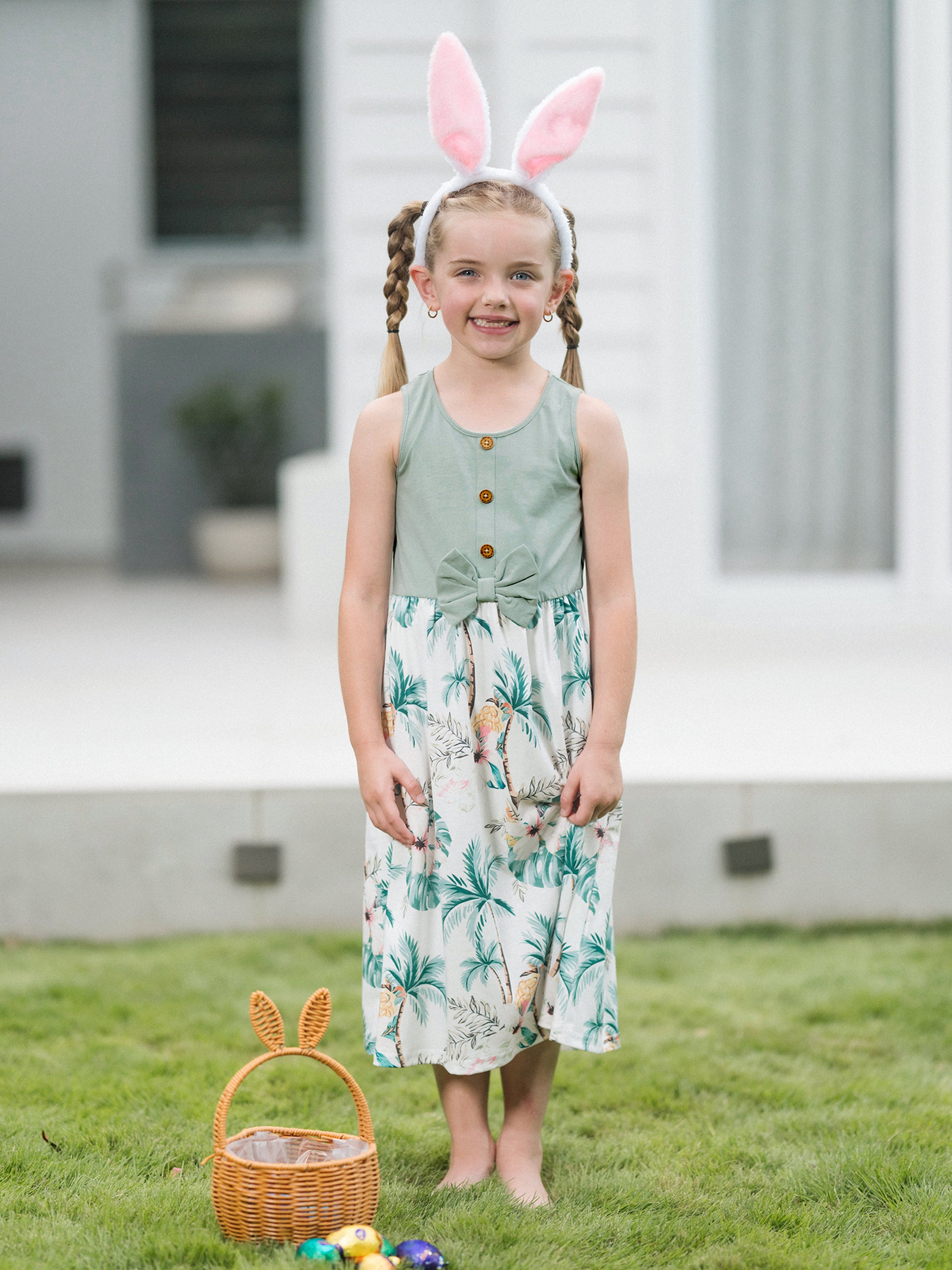 Family Matching Tropical Print Outfits Mommy & Me Tank Dress & Dad/Kids Cotton T-Shirt Set
 Green