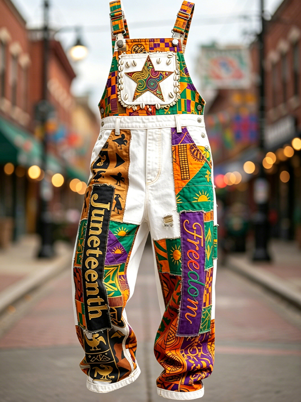 Men's Juneteenth Freedom Print Patchwork Overalls Jumpsuit