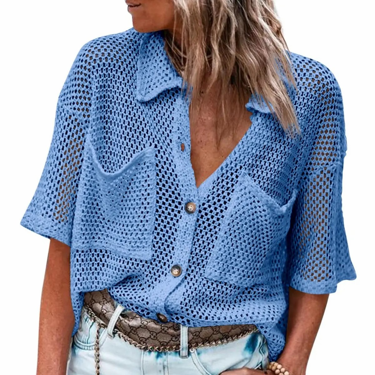 Women's Crochet Lightweight Cardigan – Short Sleeve Button Down Summer Cover Up