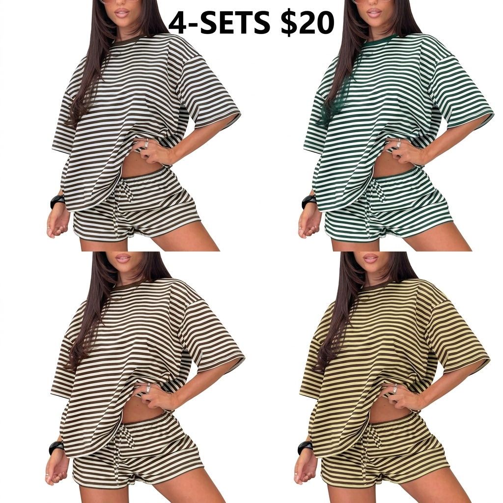 2 Spring Summer Stripe Print 2 Piece Outfit Women