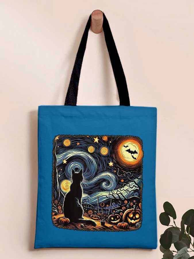 Retro Halloween Van Gogh Starry Night Cat Pumpkins Print Bag