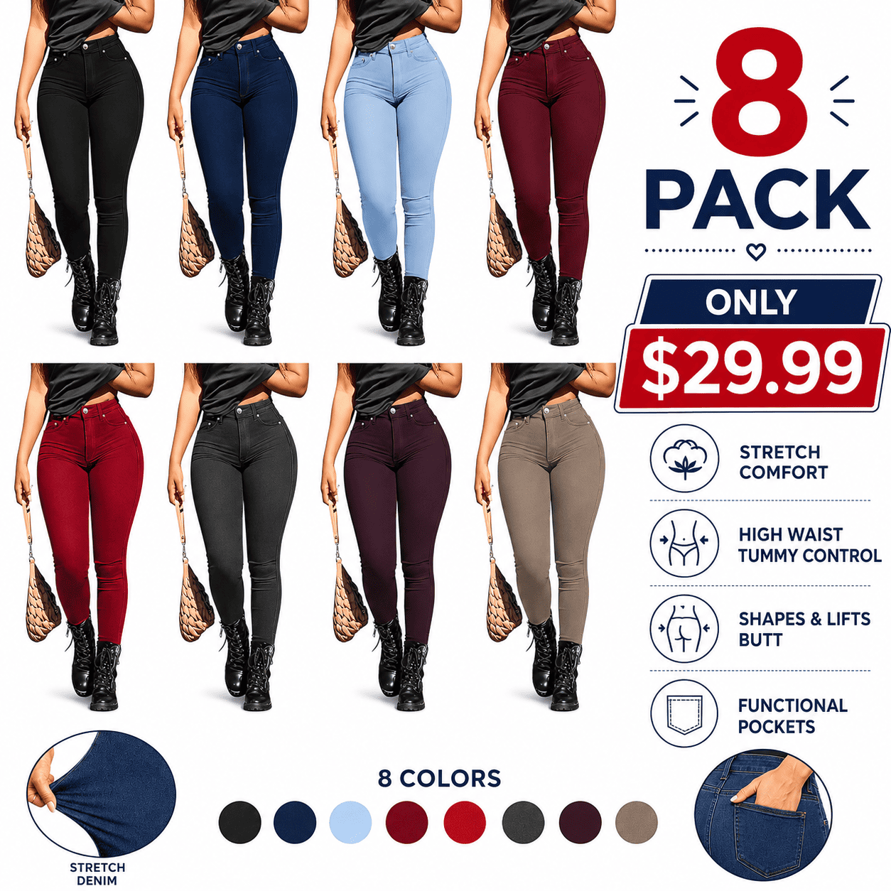 Women's Button-Fly Skinny Pants with Pockets