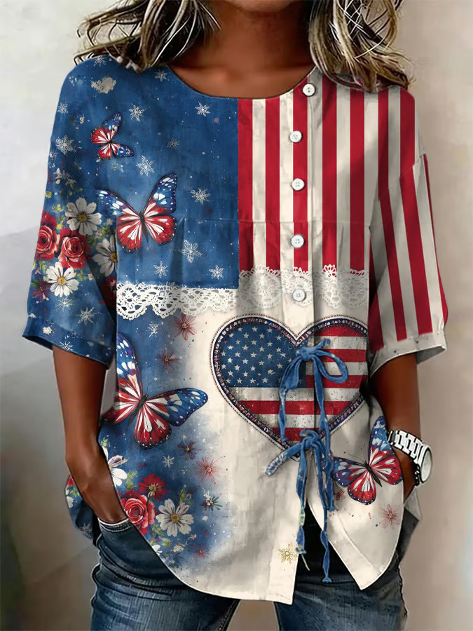 Women's Casual Cotton-Linen Top with U.S. 250th Anniversary Print