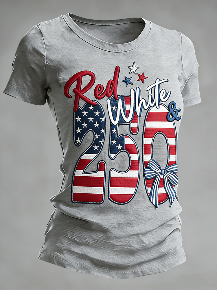 Red and White 250 Patriotic Embroidery Anniversary Commemorative T-shirt
