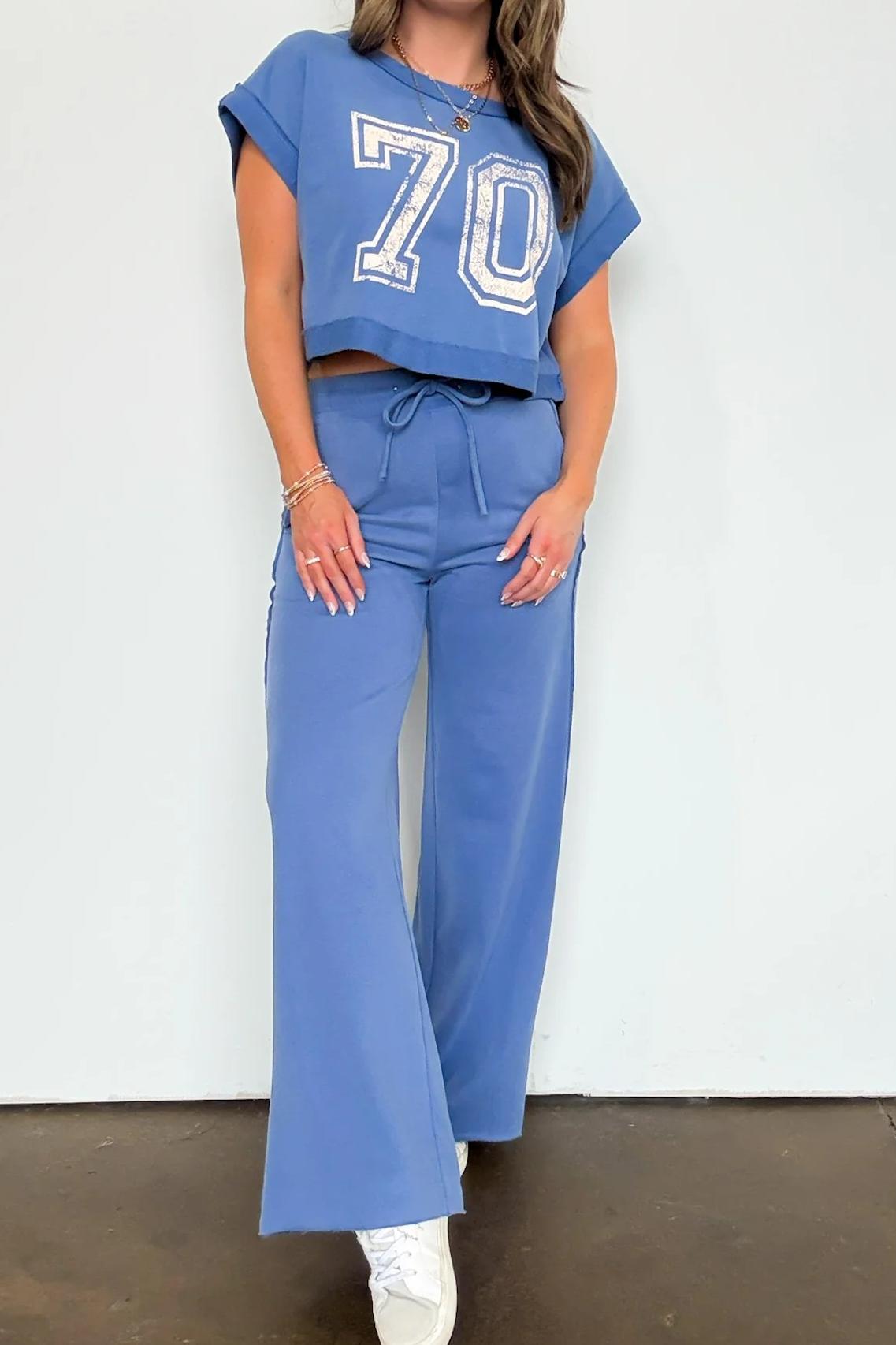 Blue Wide-Leg Sports Pants