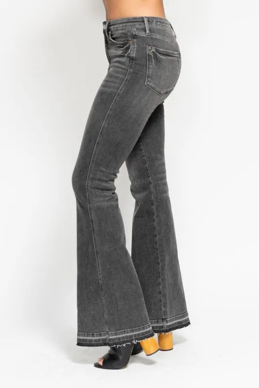 Blue Full Size Midi Rise Tummy Control Washed Gray Release Hem Flare Jeans Plus Size