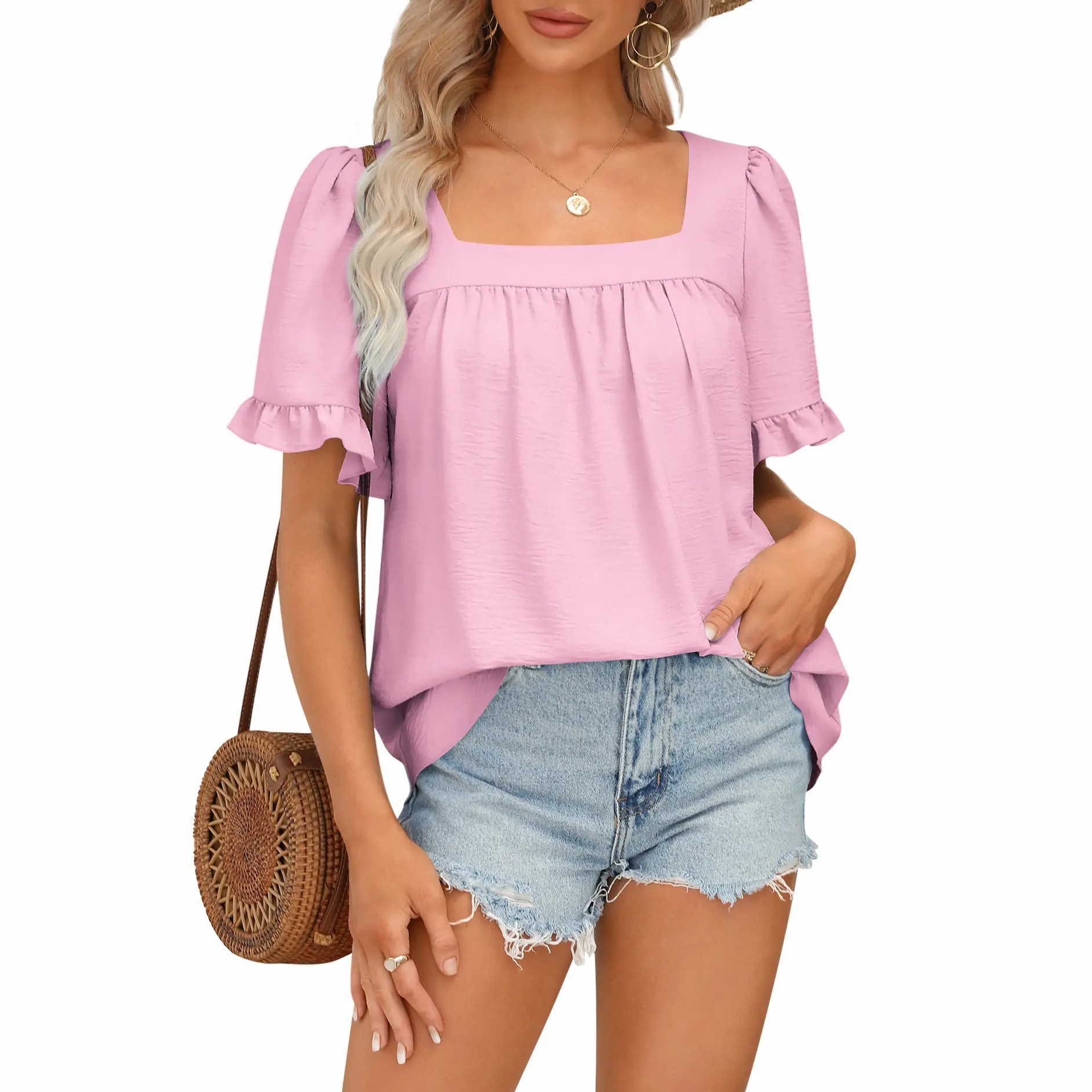 Coquette Blouse | Women's Square Neck Peplum Top with Whimsical Ruffle Sleeves