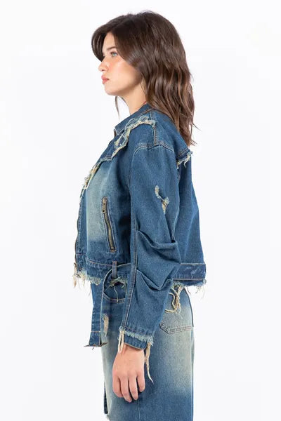 American Bazi Full Size Distressed Frayed Edge Zip Up Denim Jacket