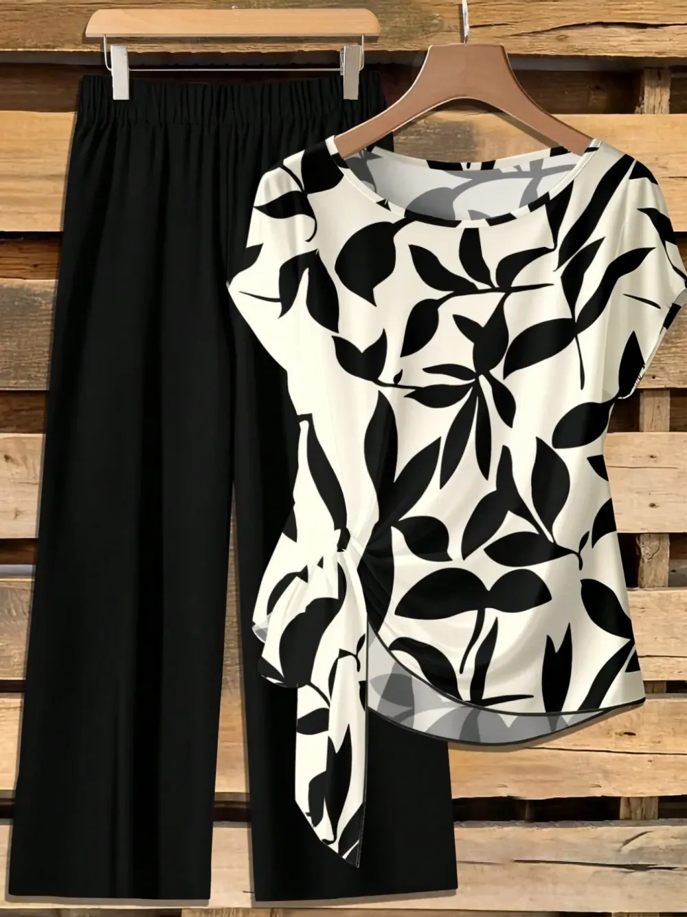Women's Casual Printed Necktie Shirt and Loose Straight Pants Set