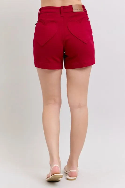 Blue High Waist Tummy Control Garment Dyed Heart Shaped Denim Shorts