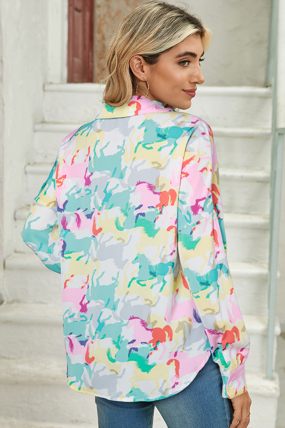 White Colorful Horse Print Long Sleeve Shirt