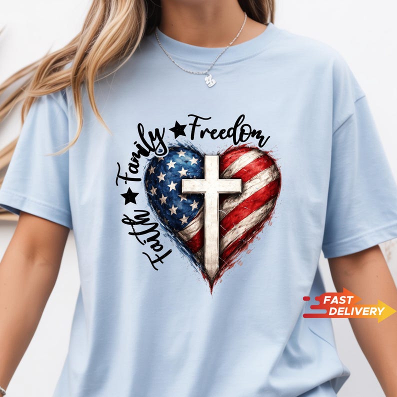 Faith Family Freedom Cross Shirt, Patriotic Christian 4th of July Tee