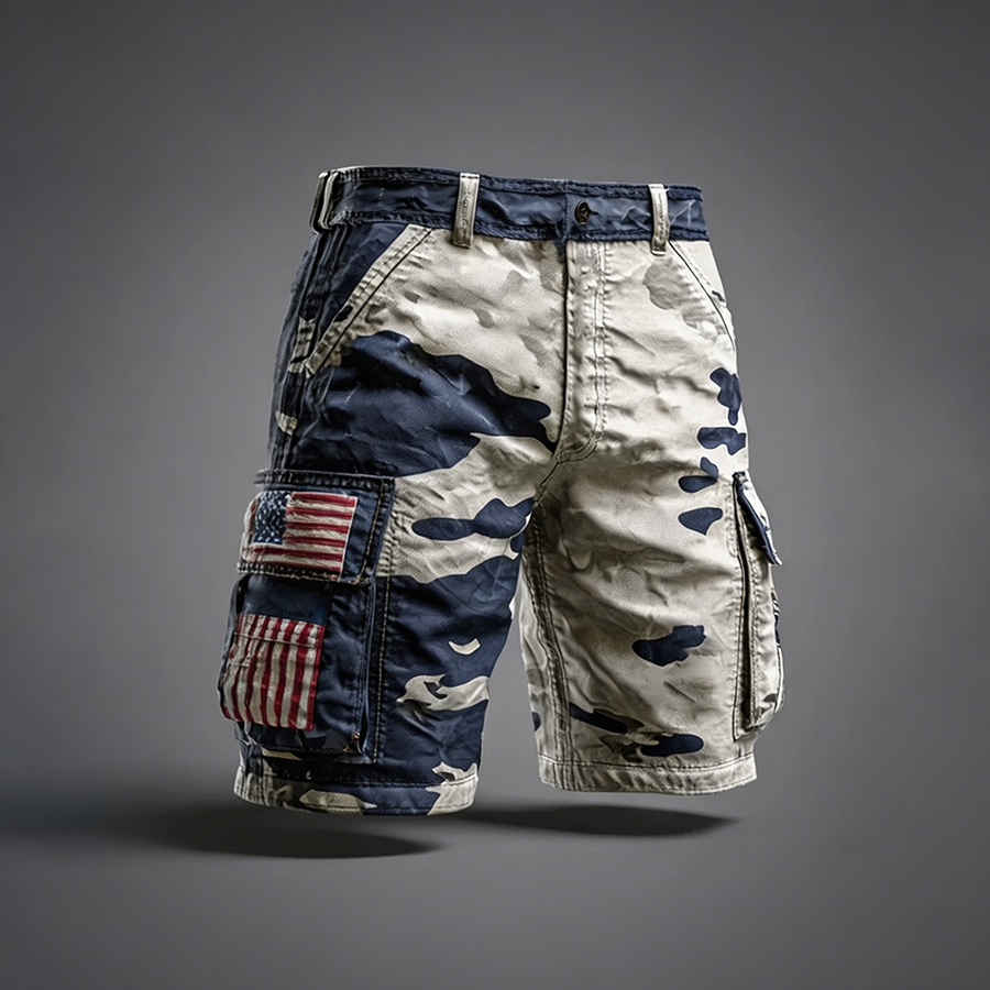 Men's Blue Gray Camo American Flag Patch Cargo Shorts