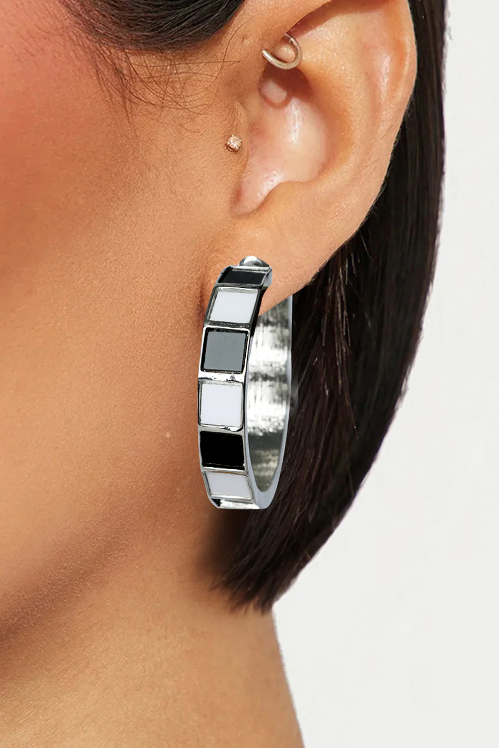 Silvery Checkered Hook Alloy Earrings