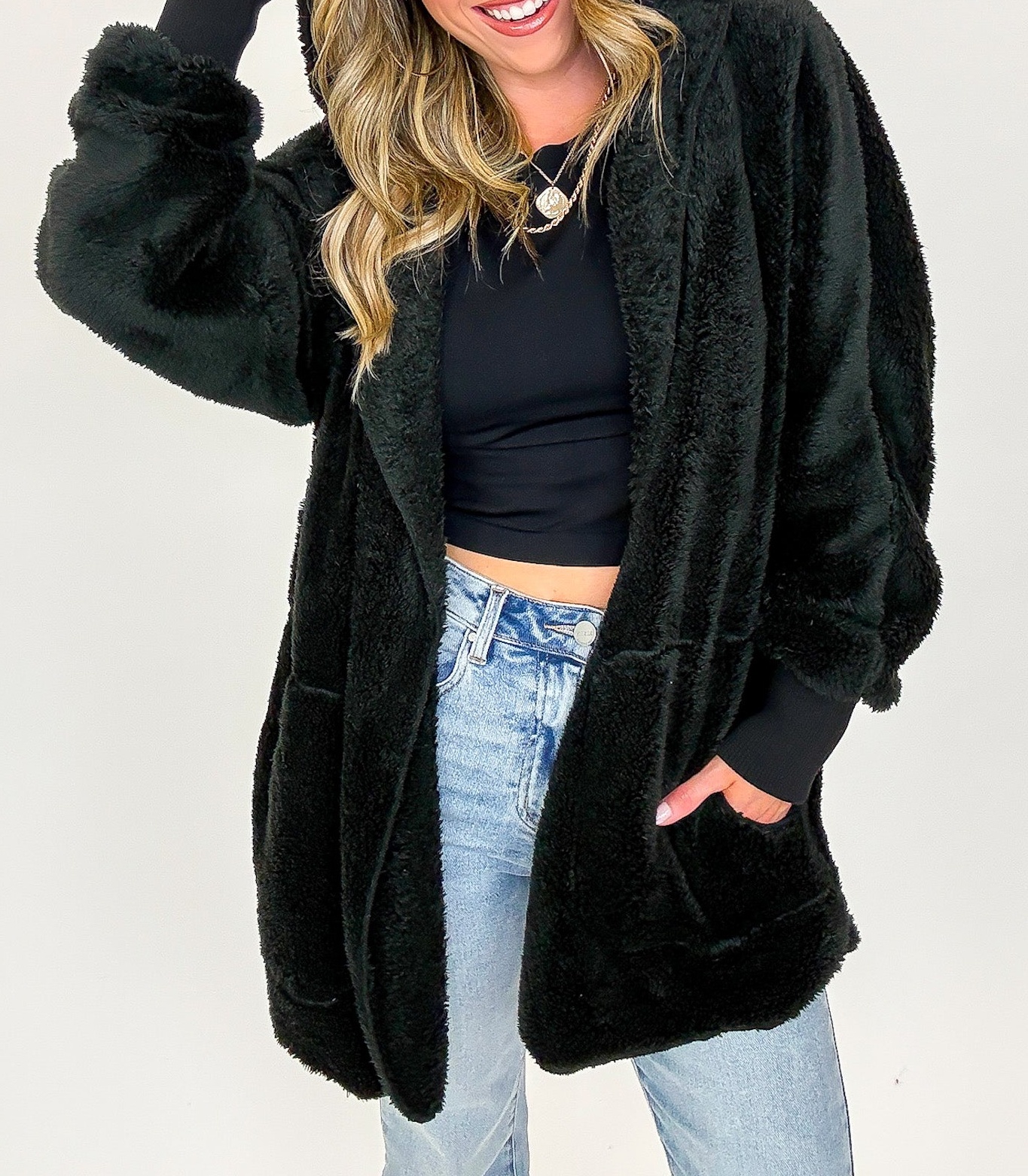 Cozy Crest Hooded Faux Fur Jacket