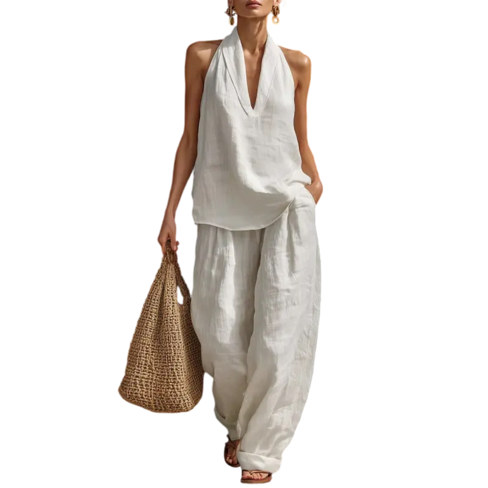 Women's Halter Neck Linen Two Piece Outfit – Casual Sleeveless Top and Wide Leg Pants Set