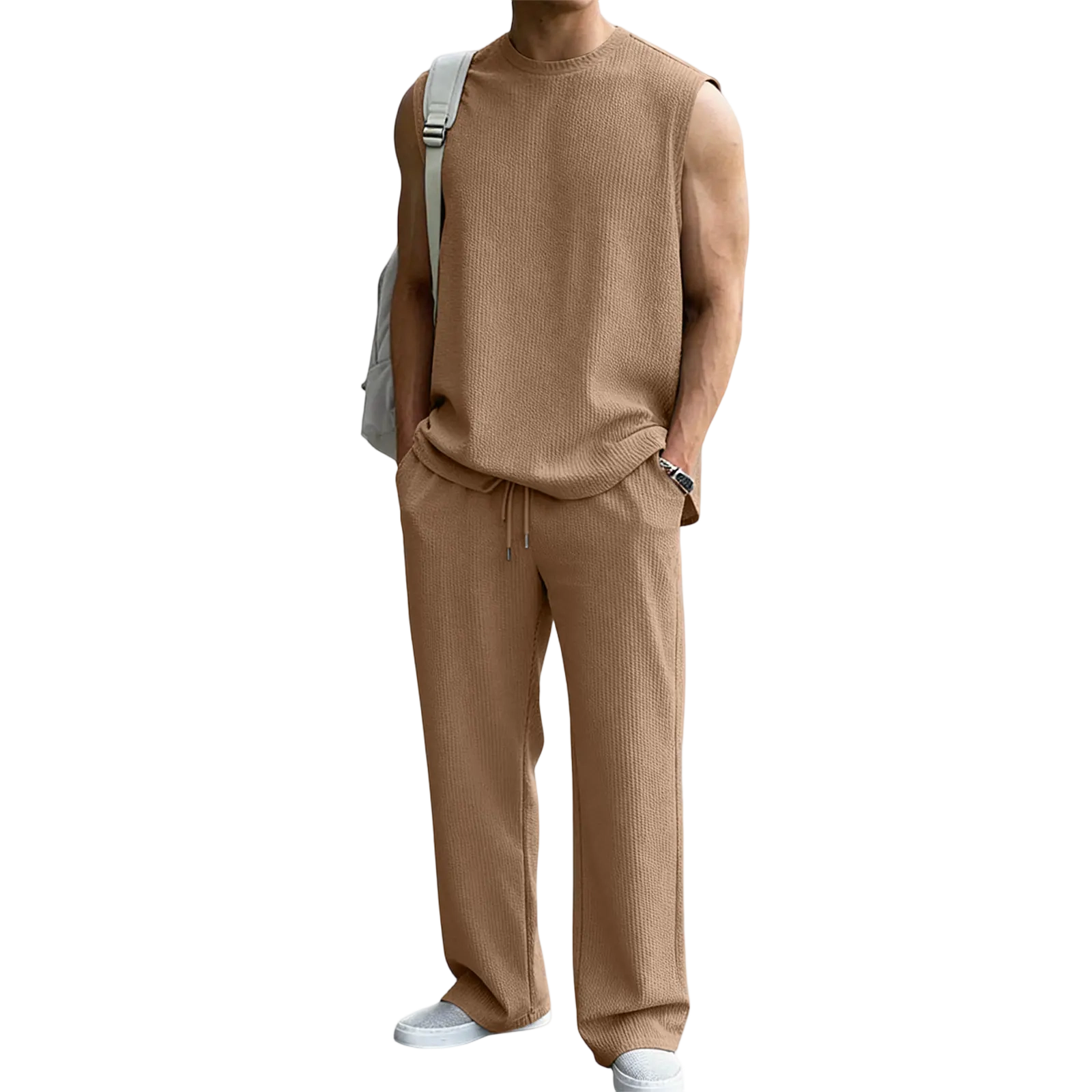Mens 2 Piece Rib Knit Sweatsuit Summer Sleeveless Tank