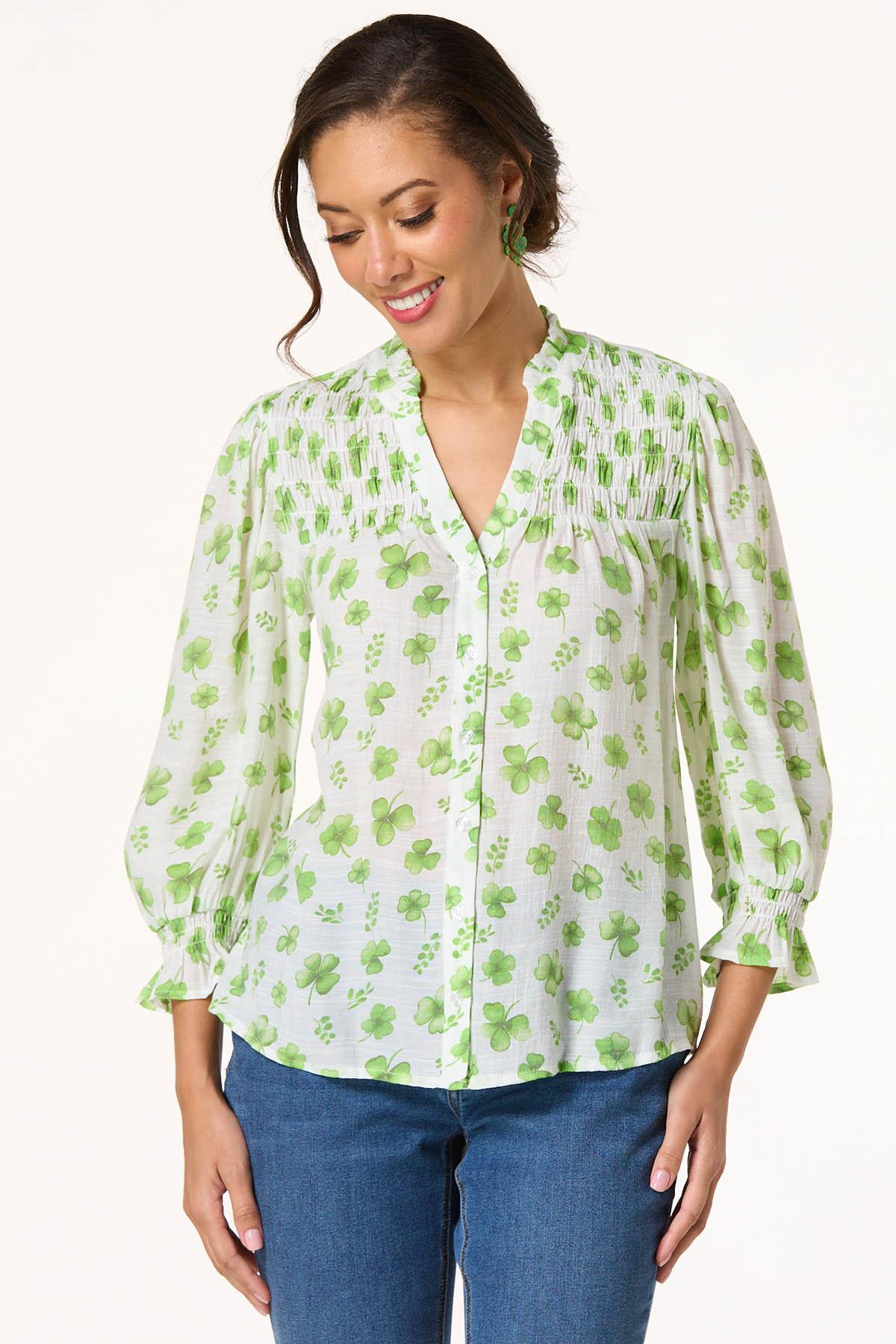 Smocked Bib Clover Print Top