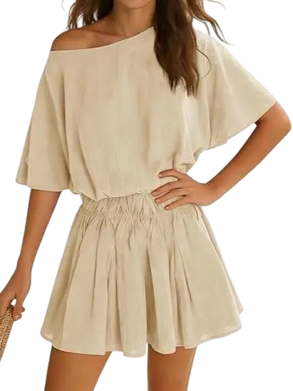 Women’s Casual 2 Piece Outfit Short Sleeve Loose Top and Flowy Mini Skirt Set for Summer Vacation Suits