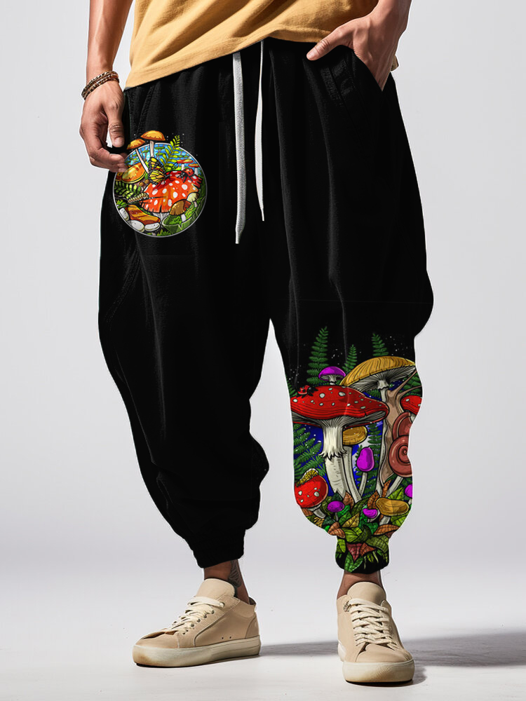 Men's Trippy Mushroom Bee Dark Art Printed Loose Drawstring Waist Sweatpants