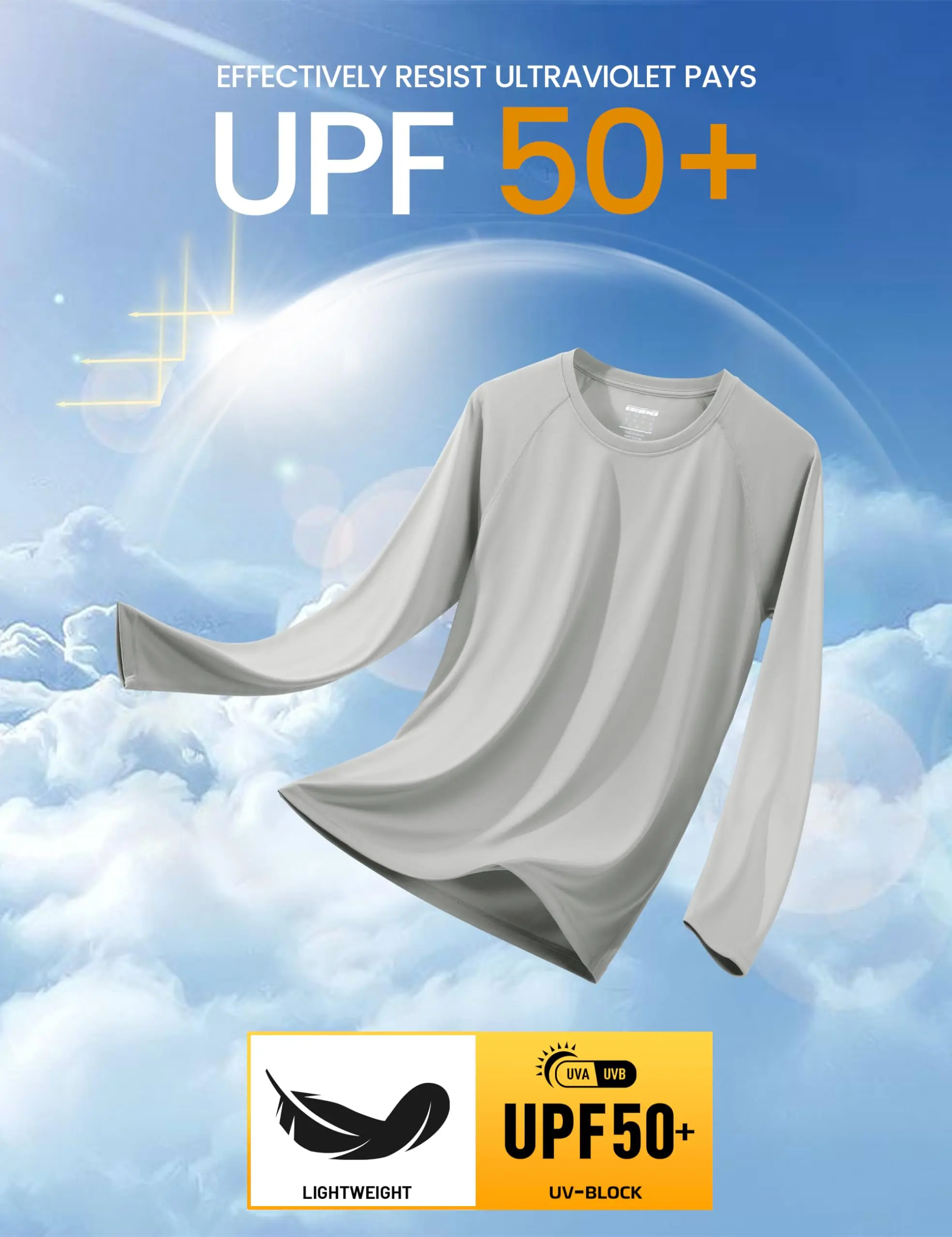 Men's UPF 50+ Long Sleeves Shirts Quick Dry Lightweight Summer Sportswear Tops