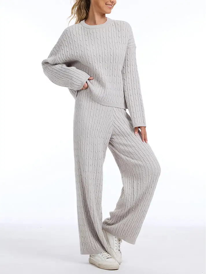 Women's Cable KnitBLACK FRIDAYSweater Lounge Set-Long Sleeve Pullover Top &High-Waisted Wide Leg Pants, Cozy 2-PieceOutfit for Fall & Winter
