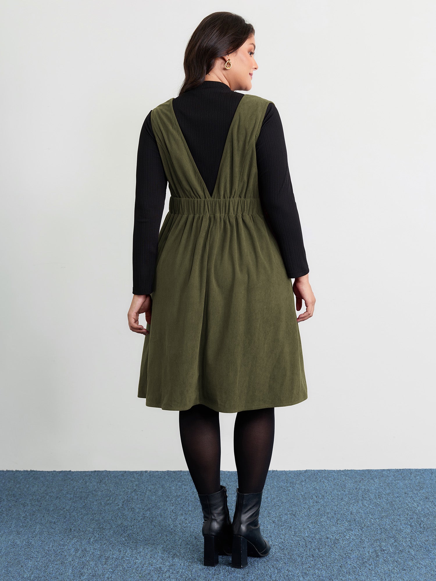 Corduroy Stretchy Waist V-Neck Mini Dress