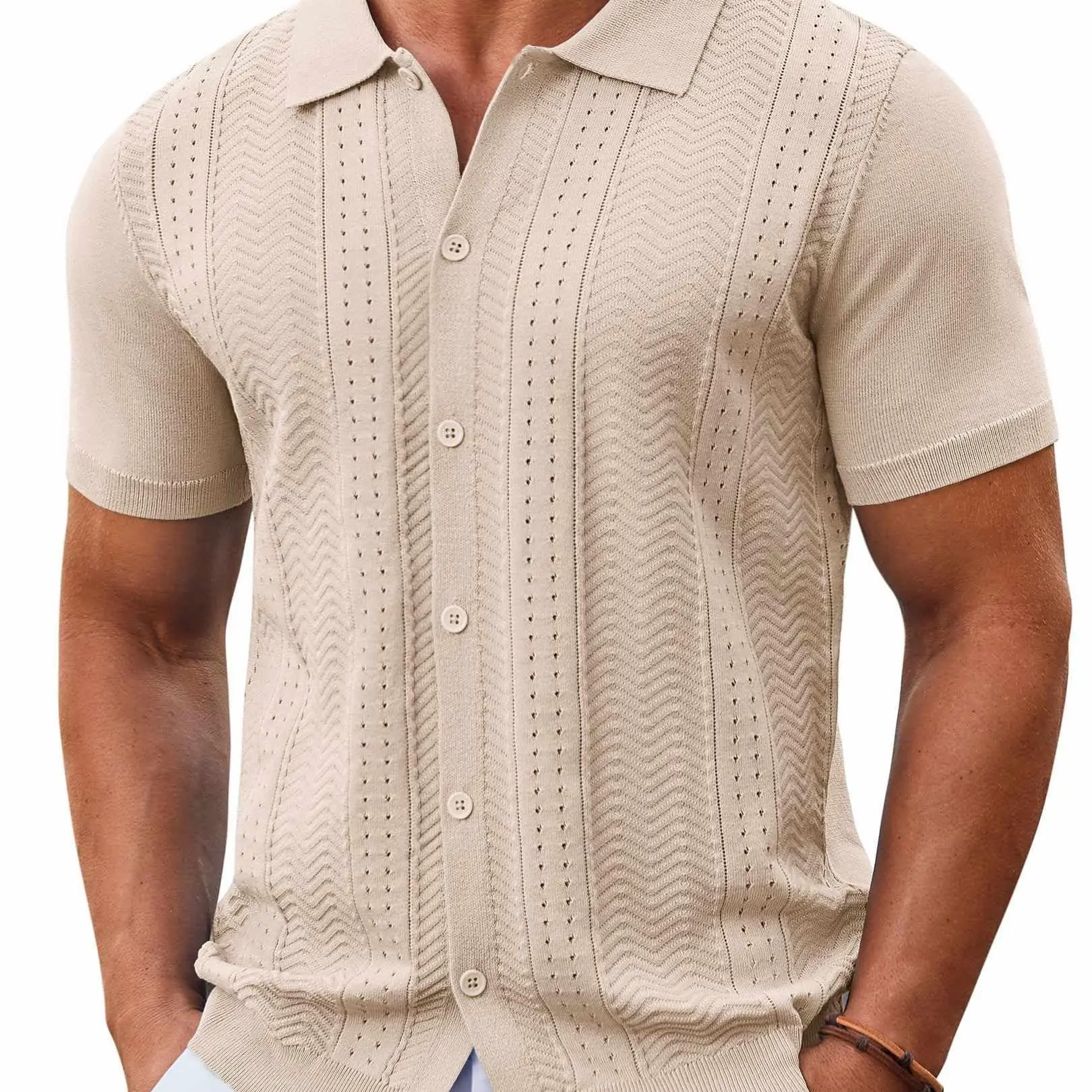 Men's Knitted Button-Down Shirt — Summer Short-Sleeve Casual Top, Vintage Beach Vacation Style Shirt