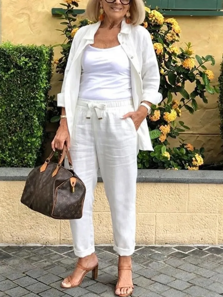 Solid Cotton Linen Women Suits  Casual